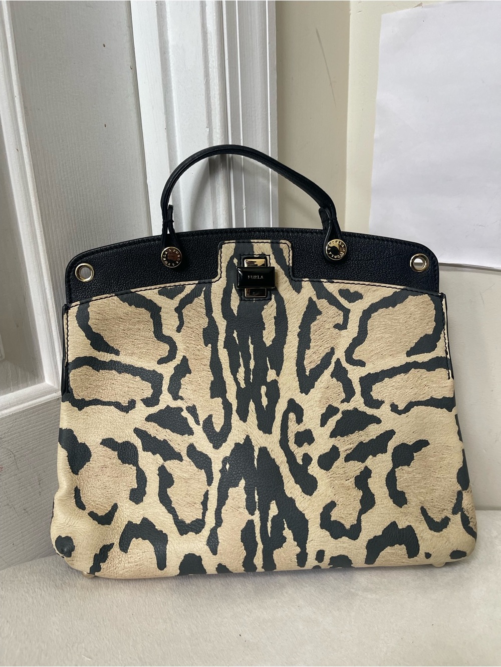 Furla Black and Cream Animal-Print Satchel